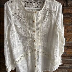 Anthropologie White Lace Button-Up Blouse